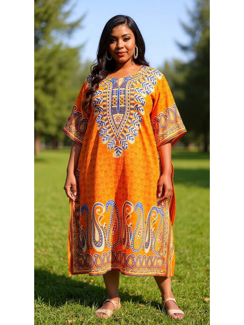 Oussum Gypsie Blu Paisley Print Kaftan for Women Polyester Caftan Dress Kimono Sleeve Plus Size Beach Maxi Dresses (Red & Orange One Size Maxi Caftan)