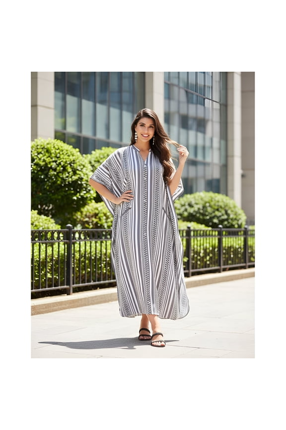 Women's Plus Size Kaftan Dresses with Pocket Stripes Boho Long Maxi Dress Ladies Casual Hippie Kimono Sleeve Loose Caftan Online