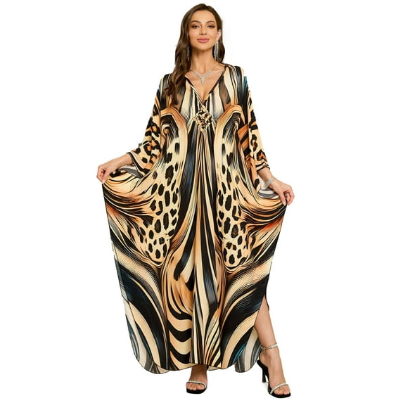 Women's Plus Size Kaftan Maxi Beach Dress Swimwear Cover up V Neck Caftan Loungewear Print Beachwear Vacation Outfit