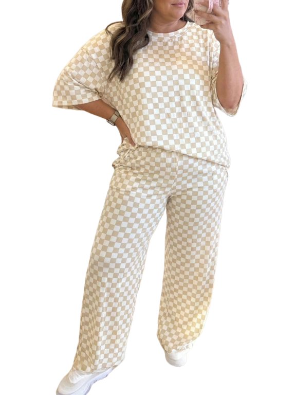 Women's Plus Size Khaki Checkered Lounge Set – Short Sleeve Tee and High Waist Loose Pants, 1X