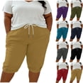 thumbnail image 1 of Women's Plus Size Knee Length Shorts, Faux Cotton Linen Cuffed Hem Shorts, Drawstring Fashion Summer Sports Bottoms L-5XL, 1 of 9