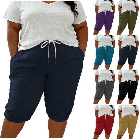 Women's Plus Size Knee Length Shorts, Faux Cotton Linen Cuffed Hem Shorts, Drawstring Fashion Summer Sports Bottoms L-5XL