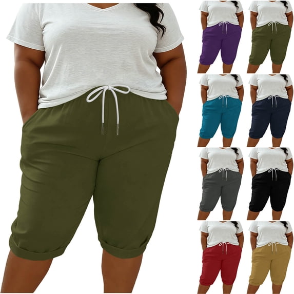 Women's Plus Size Knee Length Shorts, Faux Cotton Linen Cuffed Hem Shorts, Drawstring Fashion Summer Sports Bottoms L-5XL