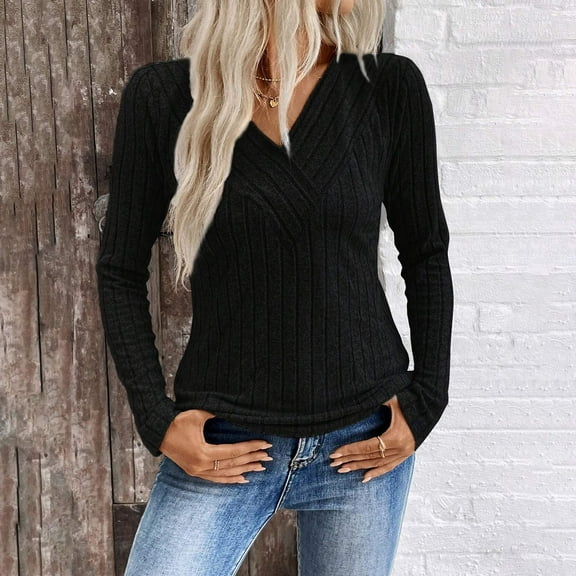 Women's Plus Size Knit Sweater V-Neck Long Sleeve with Brushed Stripe Comfort Fall Top