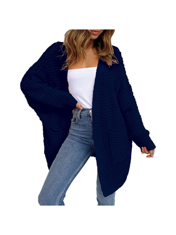 Women's Plus Size Knitted Cardigan, Long Open Front Sweater, Loose Fit Boho Chic Duster, Casual Lounge Wear, Oversized Cover Up Blue XXXL