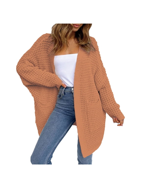 Women's Plus Size Knitted Cardigan, Long Open Front Sweater, Loose Fit Boho Chic Duster, Casual Lounge Wear, Oversized Cover Up Orange L