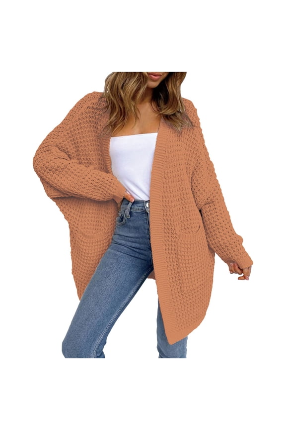 Women's Plus Size Knitted Cardigan, Long Open Front Sweater, Loose Fit Boho Chic Duster, Casual Lounge Wear, Oversized Cover Up Orange L