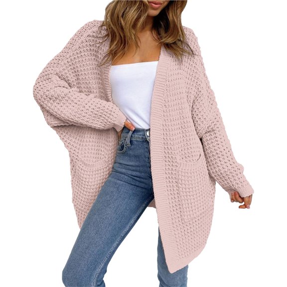 Women's Plus Size Knitted Cardigan, Long Open Front Sweater, Loose Fit Boho Chic Duster, Casual Lounge Wear, Oversized Cover Up Pink L
