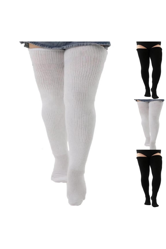 Women's Plus Size Knitted Over Knee Socks, Adjustable Binding Strap Design, Elastic Soft Wool Blend Texture, Warm Anti Slip Long Socks for Long Standing Daily | TruHer,White Free Size