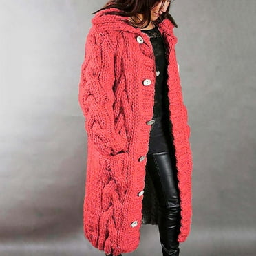 Women's Plus Size Knitted Sweater Cardigans Long Sleeve Hooded Casual Button Down Jacket Coats