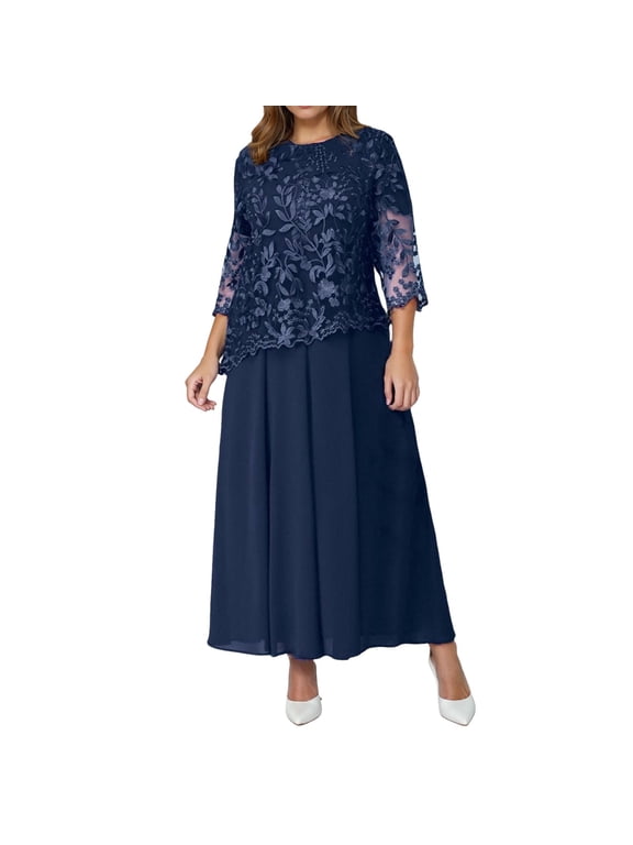 Women's Plus Size Lace 2 Piece Dress - Elegant Bride Evening Gown, 3/4 Sleeve, S-XXXXXL