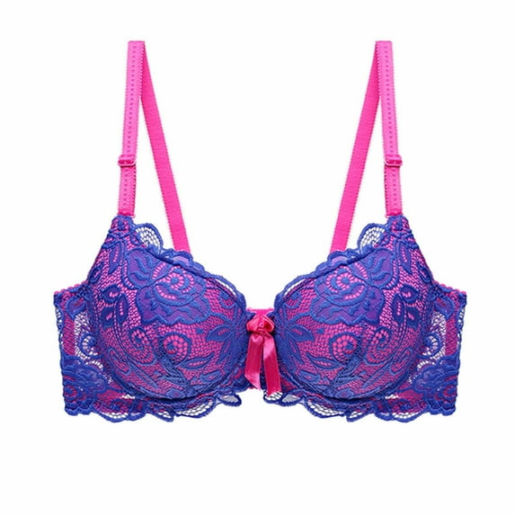 Husipze Women's Plus Size Lace Bra Comfortable Push Up Bra Underwear No Rims Double Breasted Full Cup Daily Bra Blue 2XL