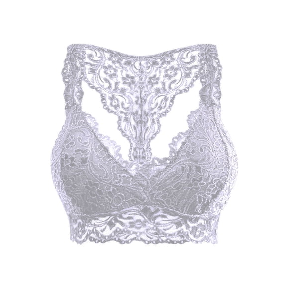Women's Plus Size Lace Bra Removable Padded Sexy Racerback Breathable Bralette Plus Size Sports Bras,White,XXL