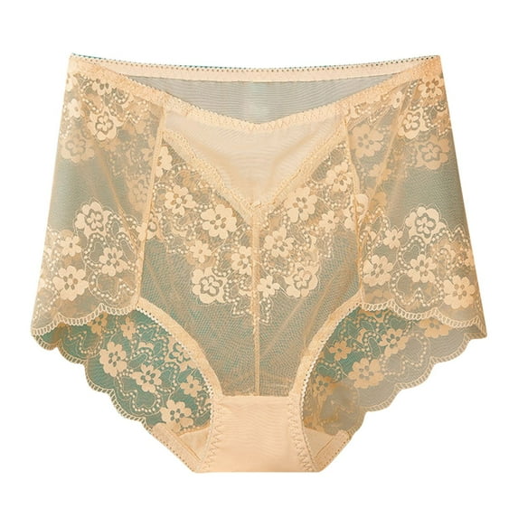 Women's Plus Size Lace Briefs High Waist Ultra-Thin Panties Full Coverage Mesh Breathable Underwear (Large, Beige)