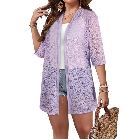 Women's Plus Size Lace Cardigan - 3/4 Sleeve Mid-Length Hollow Out, Sun Protection, Purple, XXXXXL