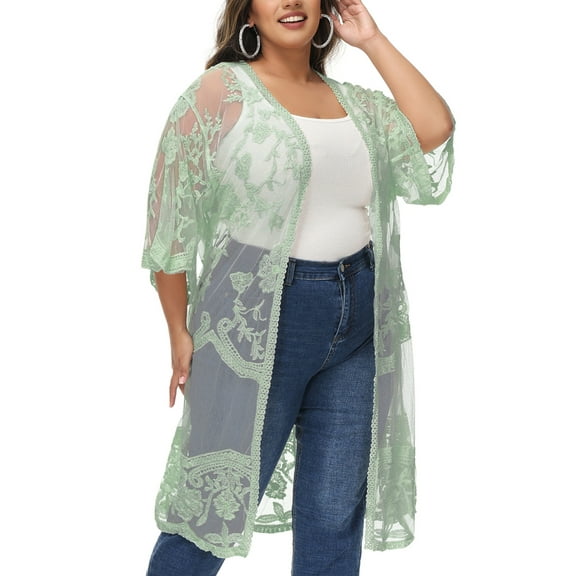 Women's Plus Size Lace Cardigan Floral Crochet Bikini Cover Ups Long Kimono Cardigans, Green, X-Large/XX-Large