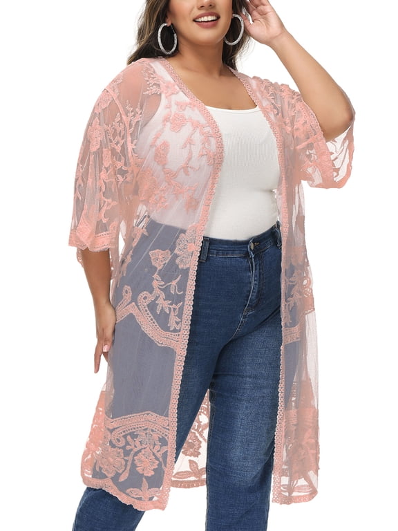 Women's Plus Size Lace Cardigan Open Front Floral Crochet Cover Ups Sheer Long Kimono, Mauve, 3X-Large/4X-Large