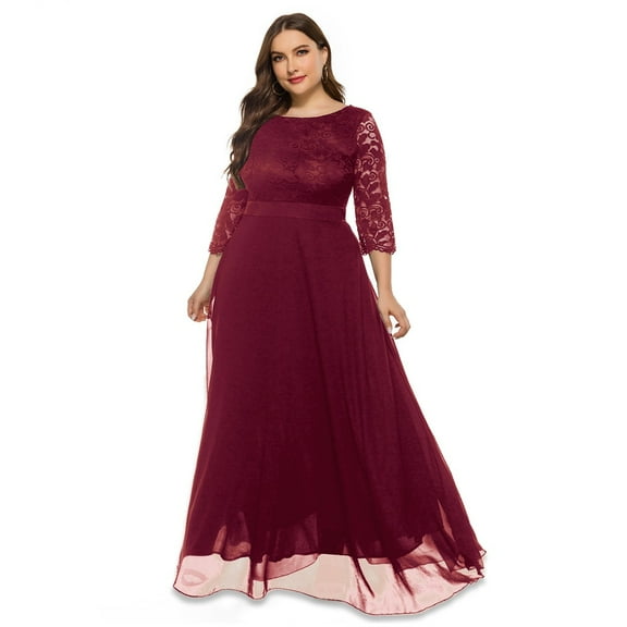 Women's Plus Size Lace Contrast Chiffon V Neck Flowy Cocktail Wedding Guest Midi Dress