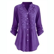 HVOT&AAT Women's Plus Size Lace Crochet Tops V Neck Button Down Blouse Casual Long Sleeve Tees Basic Long Tunic Tops