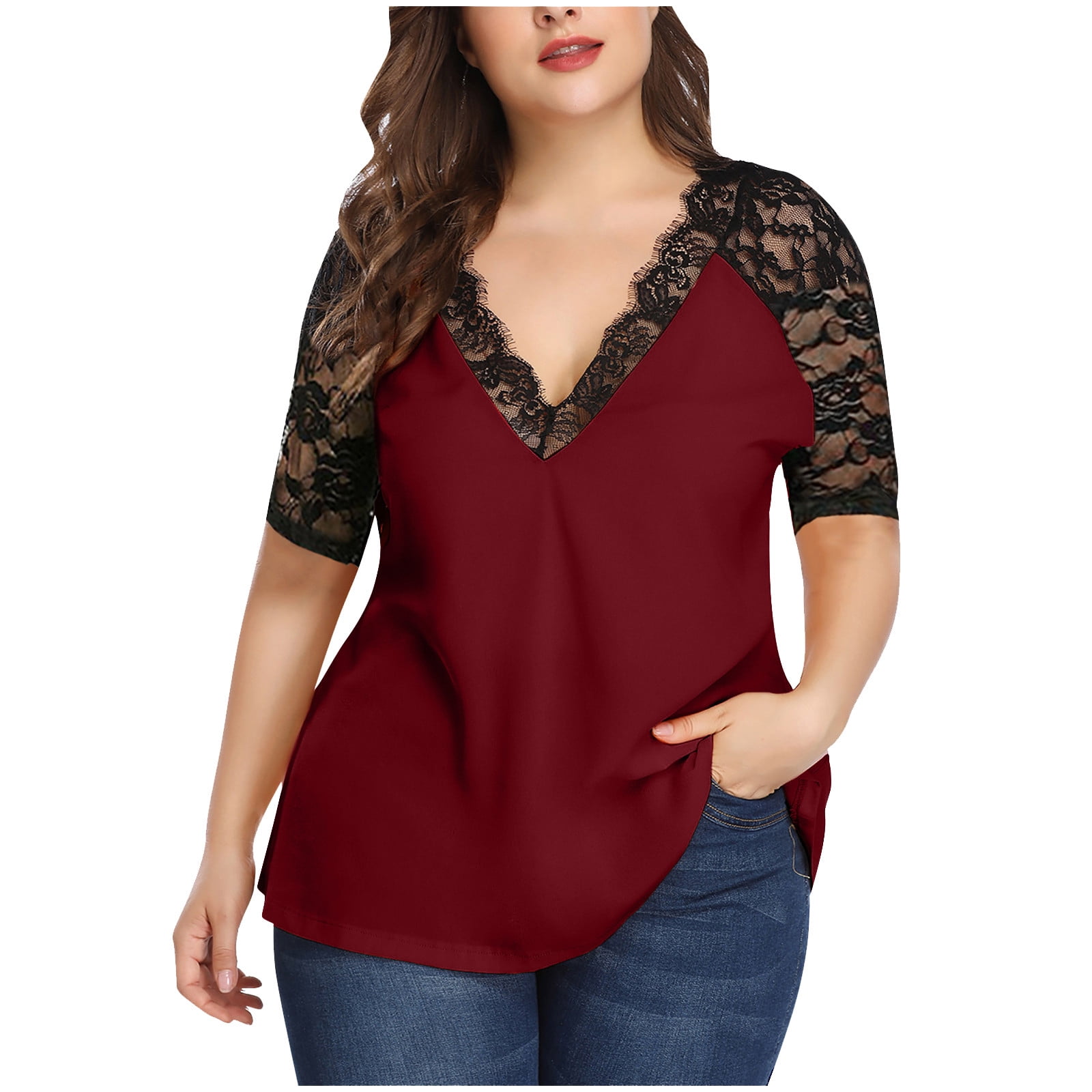 Women's Plus Size Lace Patchwork See-through Sleeve Short Sleeve