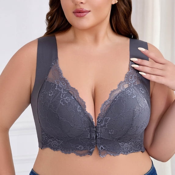 Women's Plus Size Lace Push-Up Underwire Bra - Wide Straps, V-Neck Front-Closure Full Cover Comfortable Bralette Gray XXL