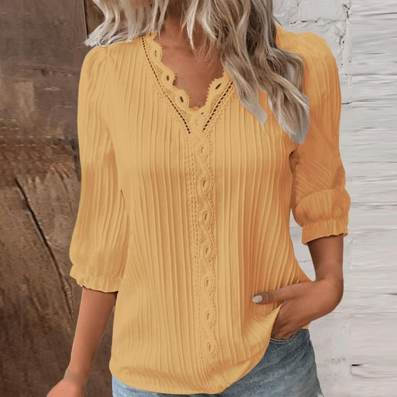 Women's Plus Size Lace Trim Blouse, 3/4 Sleeve V Neck Elegant Shirt, Solid Color Puff Sleeve Tops for Work, Casual Wear, Everyday Outfits and Special Occasions YE1 M