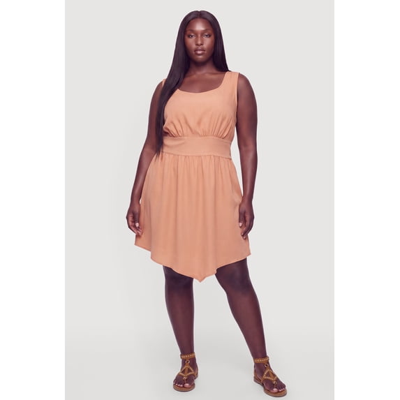 Women's Plus Size Lace Up Back Empire Waist Sleeveless Mini Dress