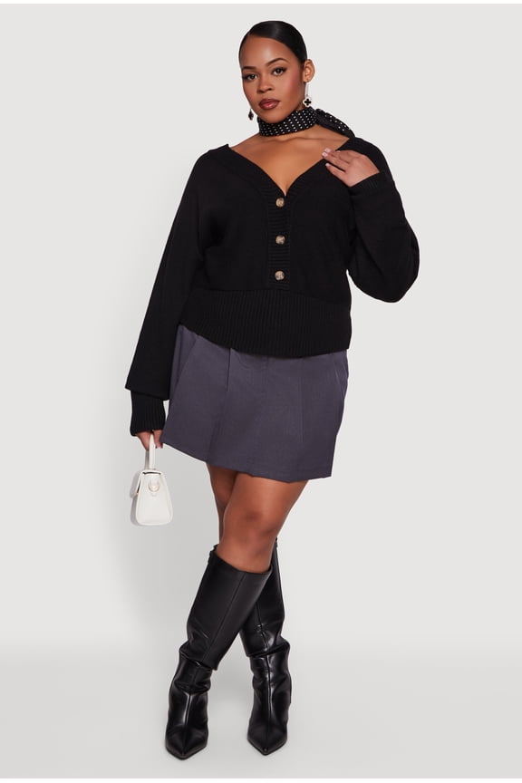 Women's Plus Size Lace Up Back V-Neck Sweater with Buttons
