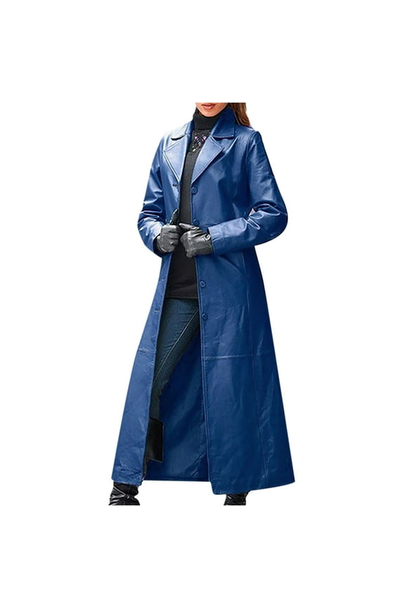 Women's Plus Size Lapel Cardigan Fall Fashion Clothes Winter Windproof Faux Leather Long Jacket Open Front Lapel Outerwears Solid Color Long Trench Coat Navy M