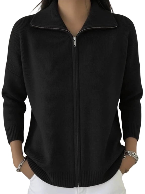 Women's Plus Size Lapel Zip Cardigan Sweater, Long Sleeve Knit Jacket, Loose Fall Winter Zip Up Sweater Coat
