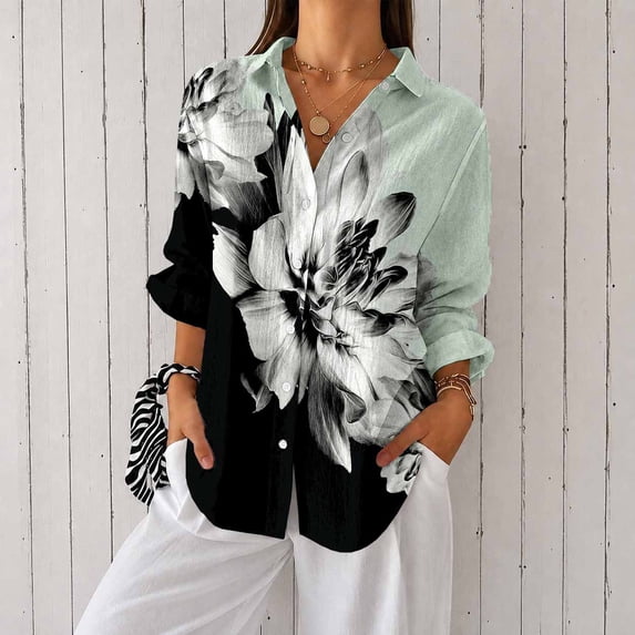 Women's Plus Size Large Floral Print Button Down Shirt, Long Sleeve Collared Casual Blouse