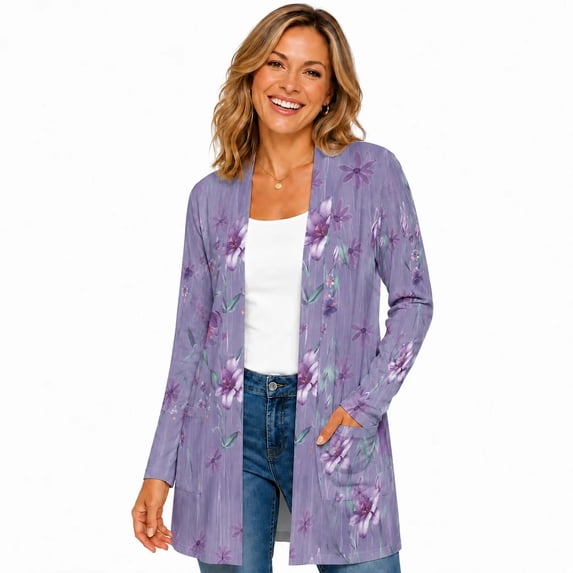 Women's Plus Size Lavender Floral Cardigan, Long Sleeve Open Front Tunic with Pockets