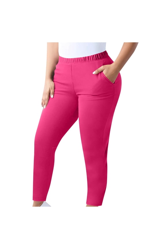 Women's Plus Size Leggings with Pockets Slim Fit Elastic Waisted Stretch Yoga Trouser Casual Active Long Pants (2XL, Hot Pink)