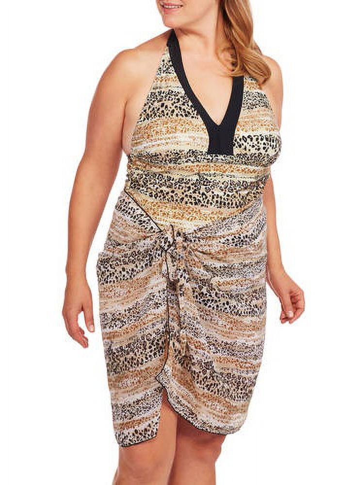 Women's Plus-Size Leopard Halter Tankini Swimsuit Set with Matching Sarong