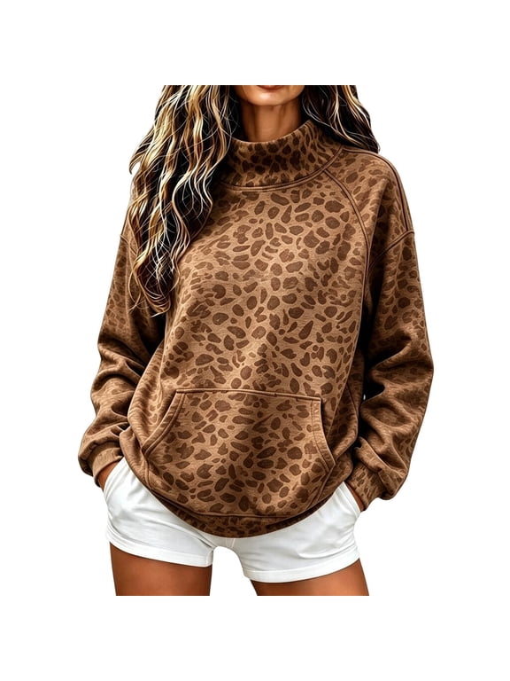Women's Plus Size Leopard Print Blouse, Long Sleeve High Neck Knit Top with Patterned Design, Casual Winter Shirt for Everyday Wear, Work and Outings