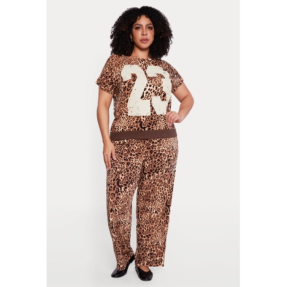 Women's Plus Size Leopard Print High Waisted Pull On Wide Leg Pants