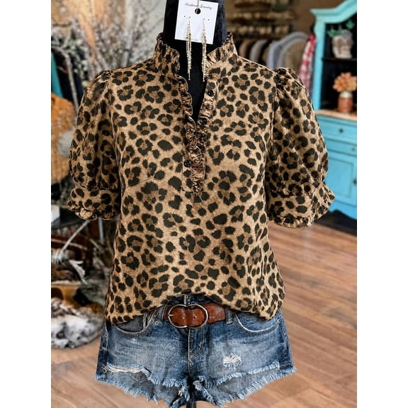 Women's Plus Size Leopard Print Ruffle Trim Blouse, Mandarin Collar Short Sleeve Button Front Top for Party, Vacation & Everyday Wear