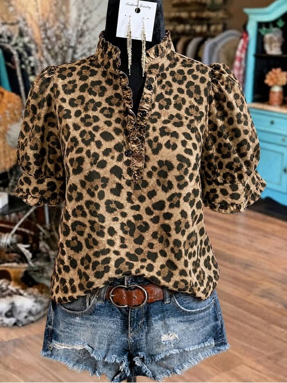 Women's Plus Size Leopard Print Ruffle Trim Blouse, Mandarin Collar Short Sleeve Button Front Top for Party, Vacation & Everyday Wear