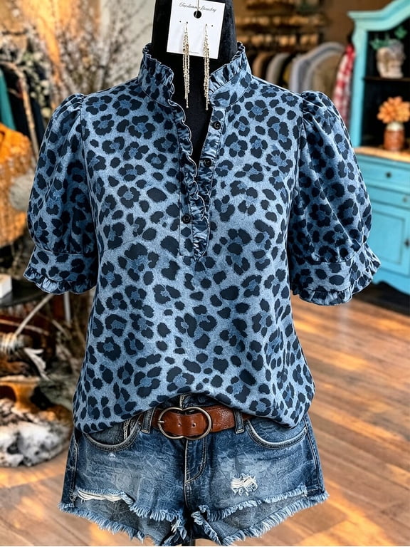 Women's Plus Size Leopard Print Ruffle Trim Blouse, Mandarin Collar Short Sleeve Button Front Top for Party, Vacation & Everyday Wear