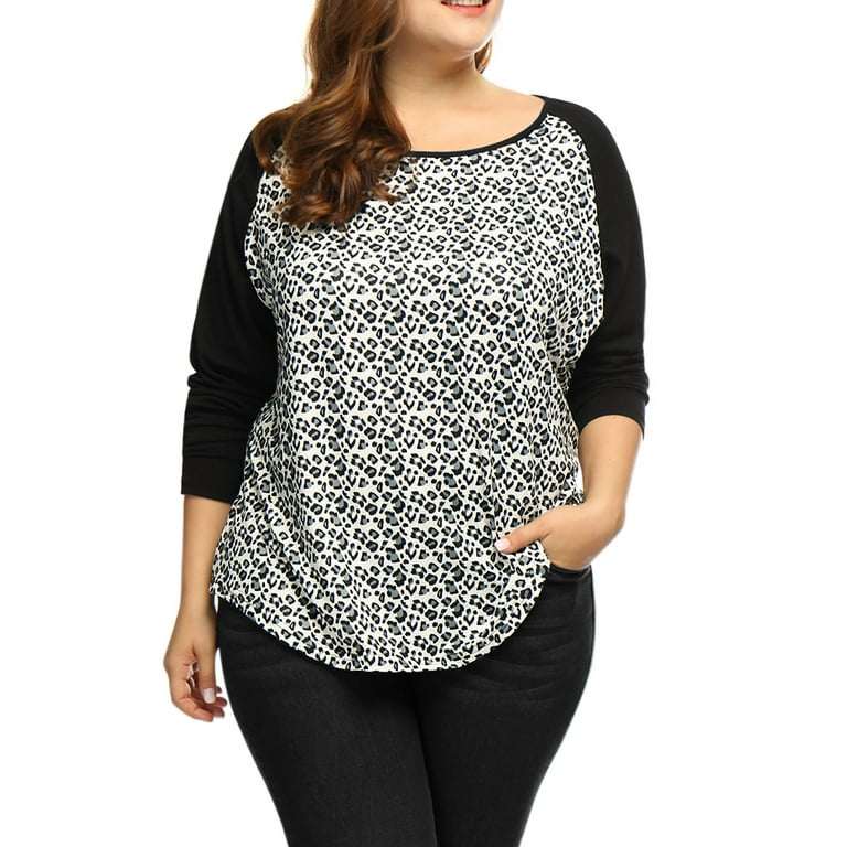 Women's Plus Size Leopard Print Scoop Neck Raglan T-Shirt