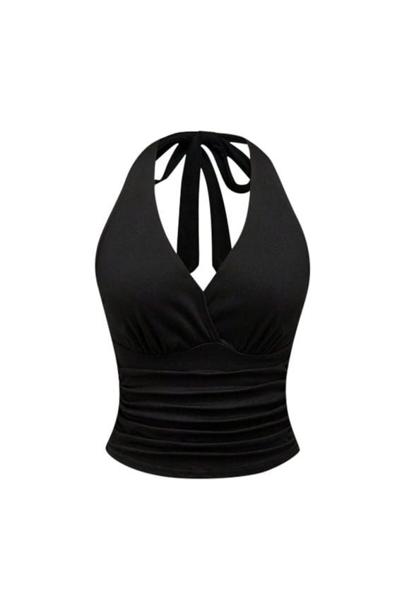 Women's Plus Size Leopard Print Sleeveless Crop Tank Tops Ruched Halter Tops Black L