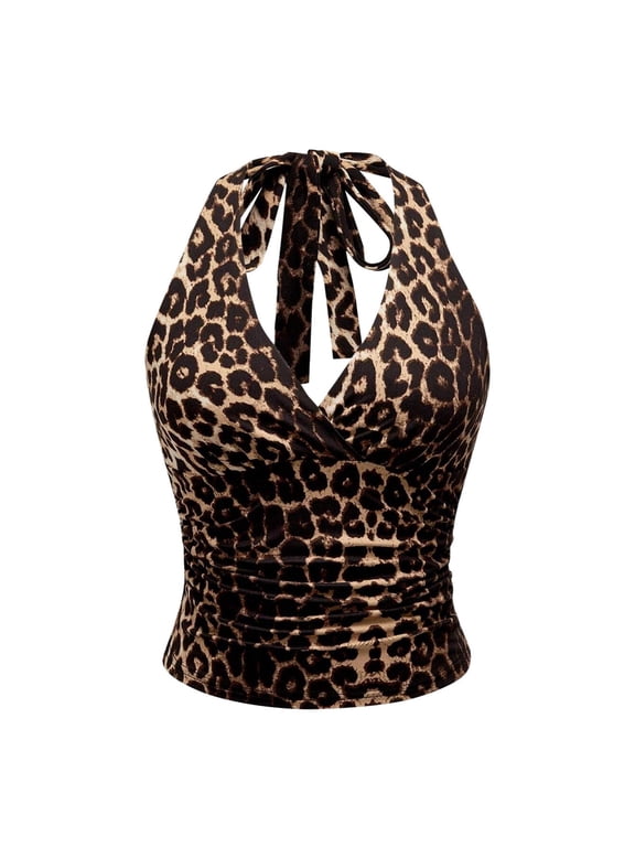 Women's Plus Size Leopard Print Sleeveless Crop Tank Tops Ruched Halter Tops Khaki Xxl