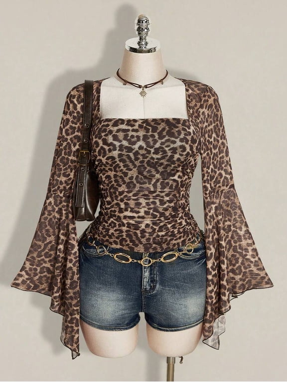 Women's Plus Size Leopard Print Square Neck Top, Flare Sleeve Fitted Blouse for Party, Date Night, Everyday & Casual Wear