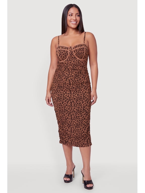 Women's Plus Size Leopard Print Velvet Burnout Mesh Bustier Dress