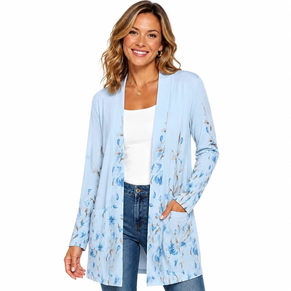 Women's Plus Size Light Blue Floral Cardigan, Long Sleeve Open Front Tunic with Pockets