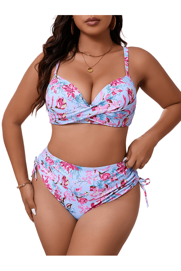 Women's Plus Size Light Blue Pink Floral High Waisted Two Piece Bikini Set, Twist Front Push Up Bikini Top & Side Drawstring Ruched Tummy Control Swim Bottom, Adjustable Spaghetti Strap Curvy Bathing