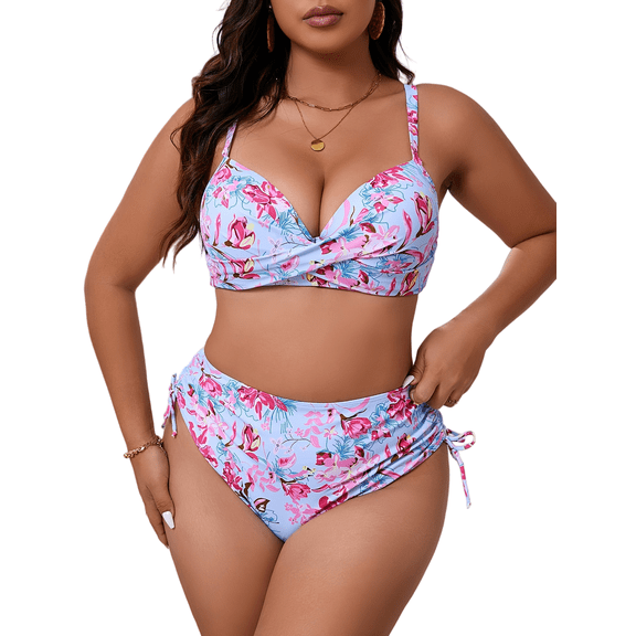 Women's Plus Size Light Blue Pink Floral High Waisted Two Piece Bikini Set, Twist Front Push Up Bikini Top & Side Drawstring Ruched Tummy Control Swim Bottom, Adjustable Spaghetti Strap Curvy Bathing