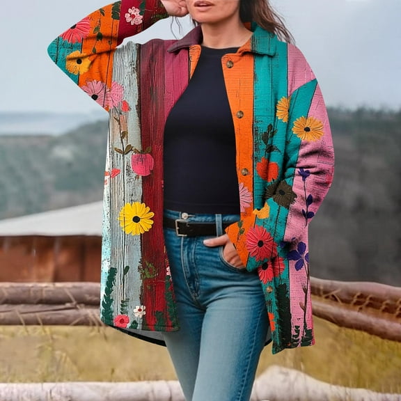 Women's Plus Size Lightweight Casual Jacket Printed Loose Collar Button Long Sleeve for Winter Daily Wear