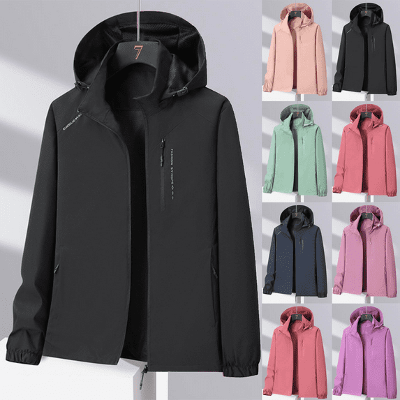 Women's Plus Size Lightweight Waterproof Windbreaker Jacket with Detachable Hood with Zippered Pockets for Hiking Travel