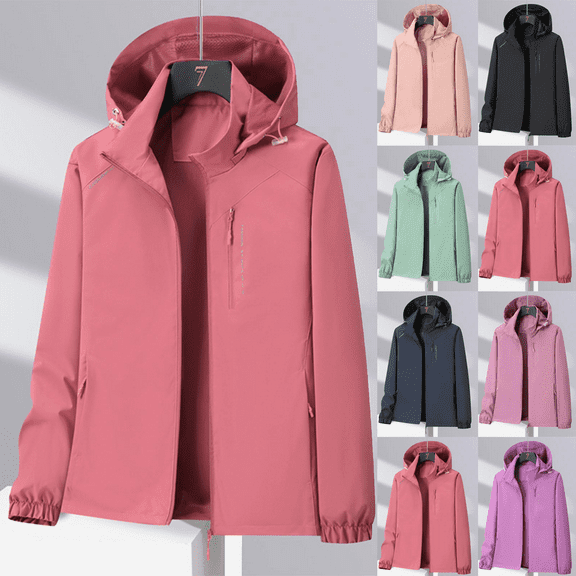 Women's Plus Size Lightweight Waterproof Windbreaker Jacket with Detachable Hood with Zippered Pockets for Hiking Travel